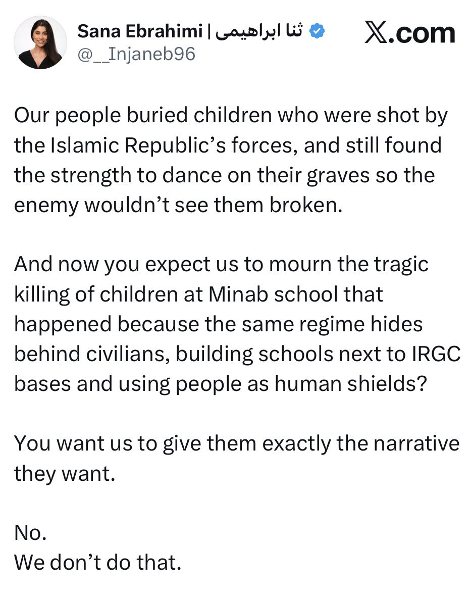 never_oppressed's tweet photo. Now that the proof has become irrefutable that the US struck the school in Minab, diaspora monarchists are openly saying “we won’t mourn the killing of school children” because they think doing so would make them seem weak. This is textbook sociopathy. https://t.co/cxS40v9kOT