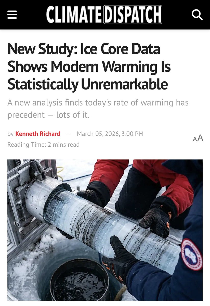 andrearthurciel's tweet photo. Les carottes de glace de l'Antarctique sont utilisées par les scientifiques pour analyser le niveau de CO2 et les températures des 800 000 dernières années. Une nouvelle analyse statistique des probabilités (Hatton, 2026) basée sur les données de température de Vostok indique que le réchauffement climatique de 1,1 °C enregistré au cours du siècle dernier n’a rien d’inhabituel quand on compare ave les données des 20 000 dernières années.

Les périodes de réchauffement sont courantes et cette analyse remet en question le narratif des changements de température qui seraient supposément entièrement liés à l'activité humaine. 

Il est intéressant de noter que la comparaison entre l'Antarctique actuel et le paléo-Antarctique révèle « qu'aucun réchauffement continental significatif de la température en antarctique n'a été observé au cours du siècle dernier ».

On est loin de la science des glory holes de Dr. Tam-tam.

Ils vous mentent pour vous taxer!

*