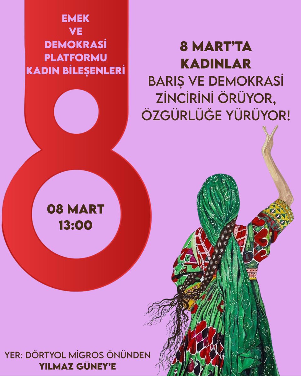 Siz sevgili üyelerimizi ve dostlarımızı 
8 Mart Kadınların Birlik ve Mücadele ve Dayanışma gününde Barış  ve  Demokrasi zincirini birlikte örmeye bekliyoruz. 
Yaşasın örgütlü mücadelemiz. 
Yaşasın Eğitim Sen.

Em we, endam û hevalên xwe yên hêja, vedixwînin, Ku hûn di 8ê Adarê,