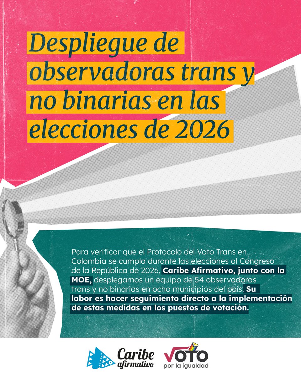 🔍🏳️‍⚧️El Protocolo de Voto Trans fue diseñado por Caribe Afirmativo, la Fundación GAAT y la <a href="/moecolombia/">MOE</a>. Busca eliminar las barreras, violencias y prácticas discriminatorias que han impedido a las personas trans ejercer plenamente sus derechos políticos y electorales en Colombia.
