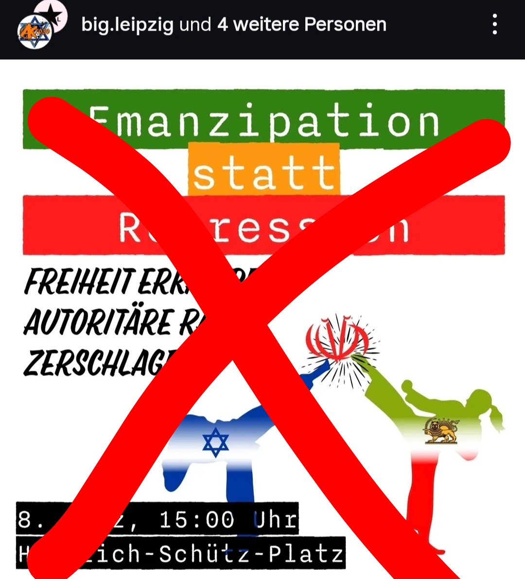 lpzg_r341's tweet photo. Antideutsche und monarchistische Iraner wollen in #Leipzig bei #le0803 mit Schah-, Israel- und US-Fahnen revolutionäre #8M Demo mit Motto Frauen - Leben - Freiheit in Solidarität mit kämpfenden Frauen in Rojava, Palästina und Iran stören. https://t.co/7y7rIobUvX