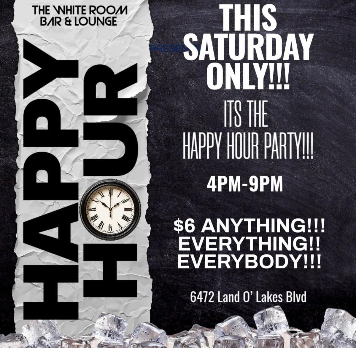 The White Room Bar &amp; Lounge Land O Lakes Tonight
Saturday Night Live &amp; Happy Hour Party.
HHP Starts at 4pm til 9pm with $6 Drinks For Everyone
Then 9pm - 2am It's SNL With Dj Triple X.
Land O' Lakes Number 1 Saturday Night Destination.
Come Party With Us At The White Room!