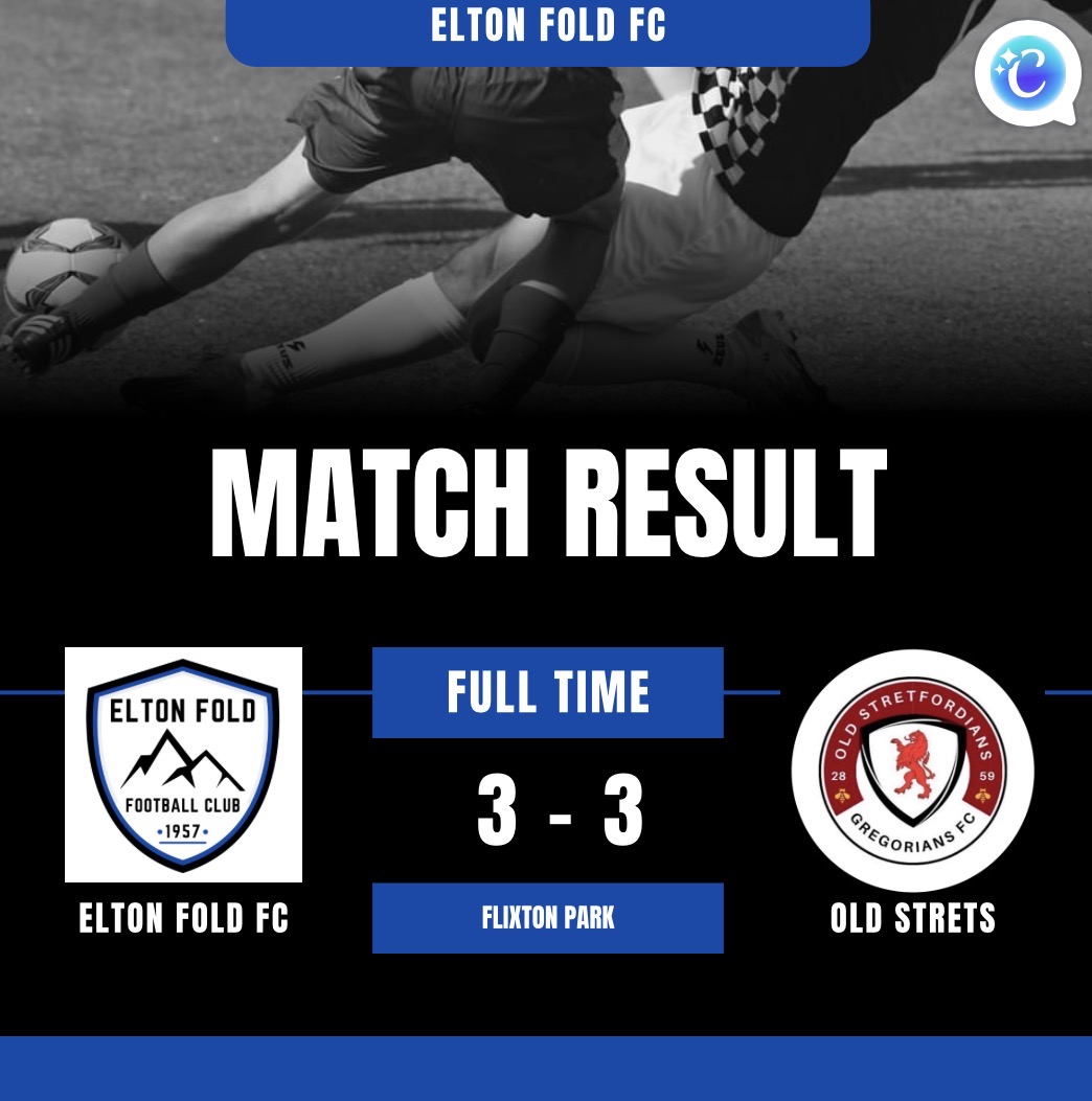 The Fold come from 3-0 down to take a point away from Old Strets as it ends 3-3.

Goals from 
Dev ⚽️ and 
Somehow.. unbelievably with two goals as a super sub 
Jake Hindle ⚽️⚽️

Man of the Match - Cam Jacketts

Rumour has it Wilki is still moaning at the ref. 

Up The Fold 🔵⚫️🔵