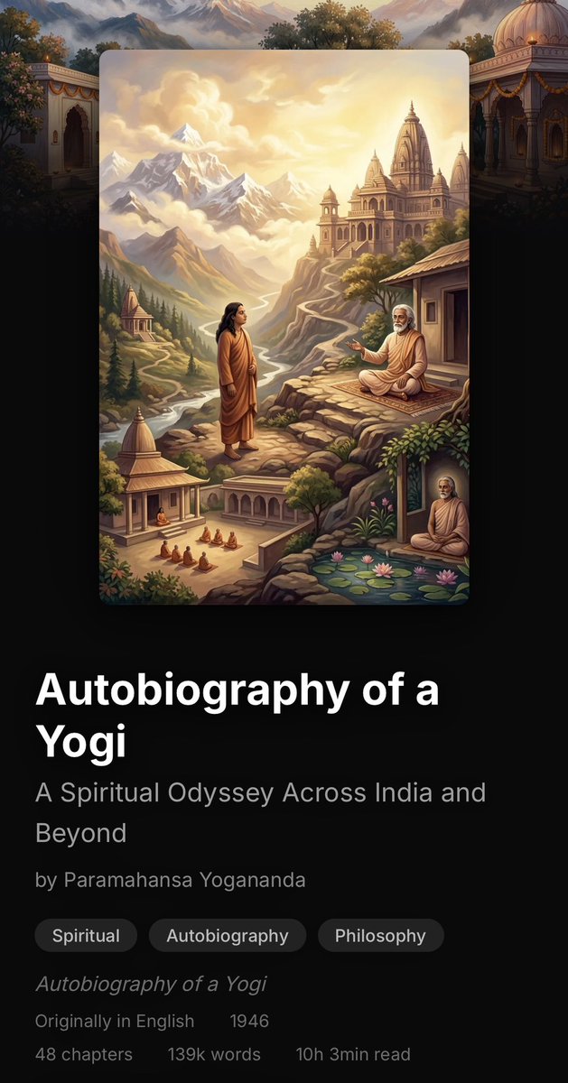 Steve Jobs read one book every single year from age 17 to his death: Autobiography of a Yogi.

It shaped his obsession with intuition, simplicity, and “no limitations.” 

It was the only book on his iPad.

Read it free: grandoldbooks.com/books/autobiog…