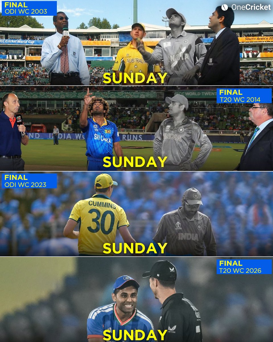 OneCricketApp's tweet photo. India have never won a World Cup on a Sunday. 👀

Can they break the curse this time?🇮🇳

#INDvsNZ #T20WC2026Final #Ahmedabad https://t.co/kYS00rZCFU