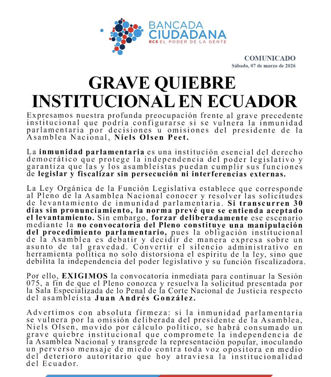 La inmunidad parlamentaria no es un privilegio: es una garantía para la democracia y la independencia del Legislativo.

Advertimos al país que provocar deliberadamente el silencio administrativo para levantar una inmunidad sin que el Pleno se pronuncie no es un procedimiento, es