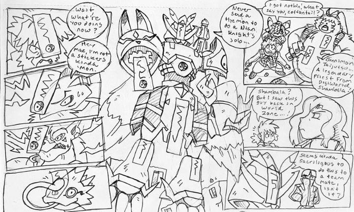BlueIkeTweets's tweet photo. The easiest joke to make was how BB treats Gokuwmon as this mystery monkey when we know darn well who it is. Dan takes a gamble in a flex using Goldramon, poking fun at the show withholding Megas atm. #Digimon #BEATBREAK #blueike #digimonzone #digimonfanart https://t.co/oVy3imfrne
