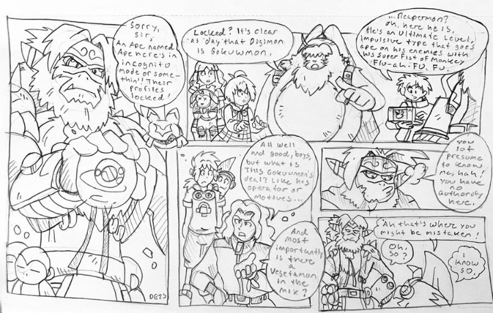 BlueIkeTweets's tweet photo. The easiest joke to make was how BB treats Gokuwmon as this mystery monkey when we know darn well who it is. Dan takes a gamble in a flex using Goldramon, poking fun at the show withholding Megas atm. #Digimon #BEATBREAK #blueike #digimonzone #digimonfanart https://t.co/oVy3imfrne