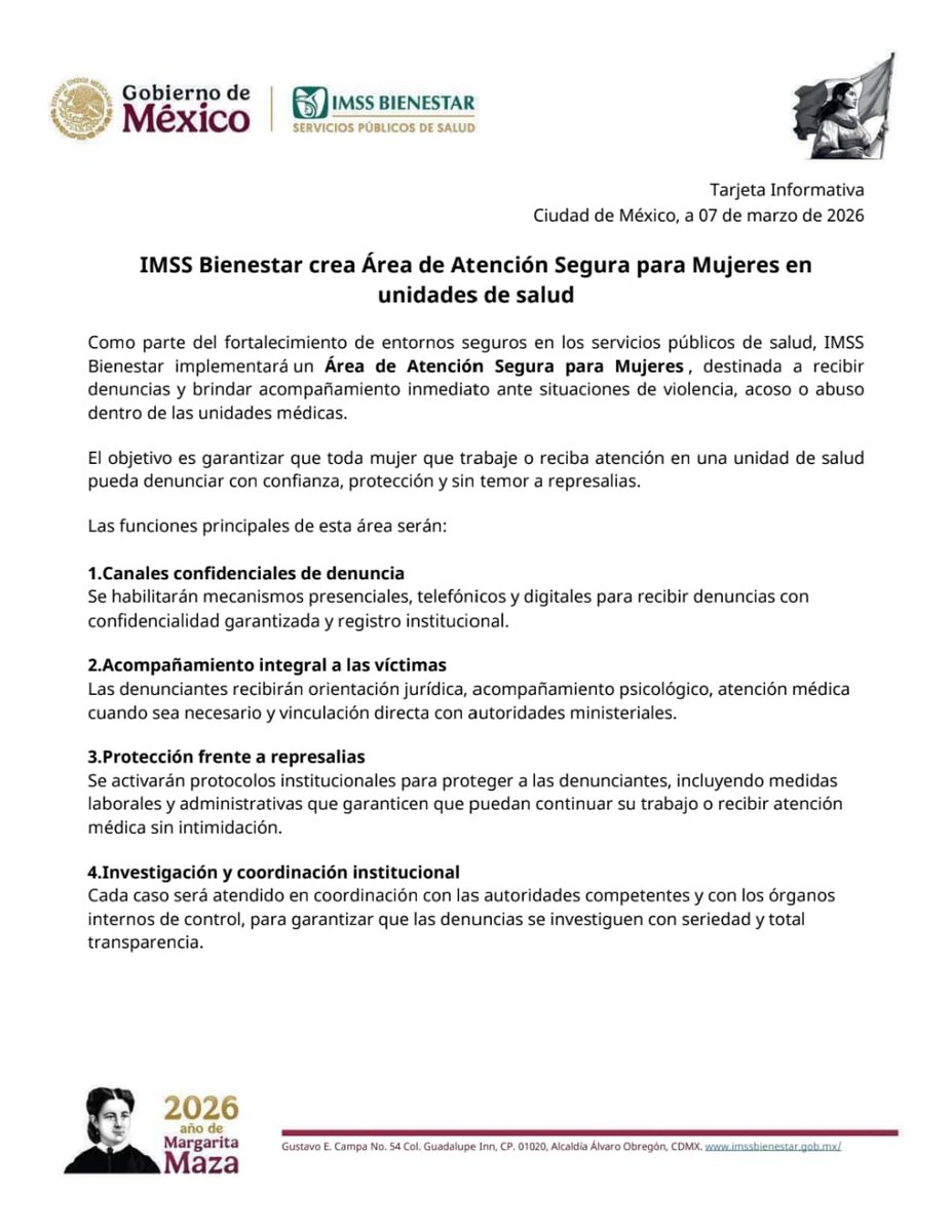 IMSS_Bienestar's tweet photo. 📰 #TarjetaInformativa | #IMSSBienestar crea Área de Atención Segura para Mujeres en unidades de salud para garantizar que toda mujer que trabaje o reciba atención en una unidad de salud pueda denunciar con confianza, protección y sin temor a represalias cualquier situación de violencia, acoso o abuso.