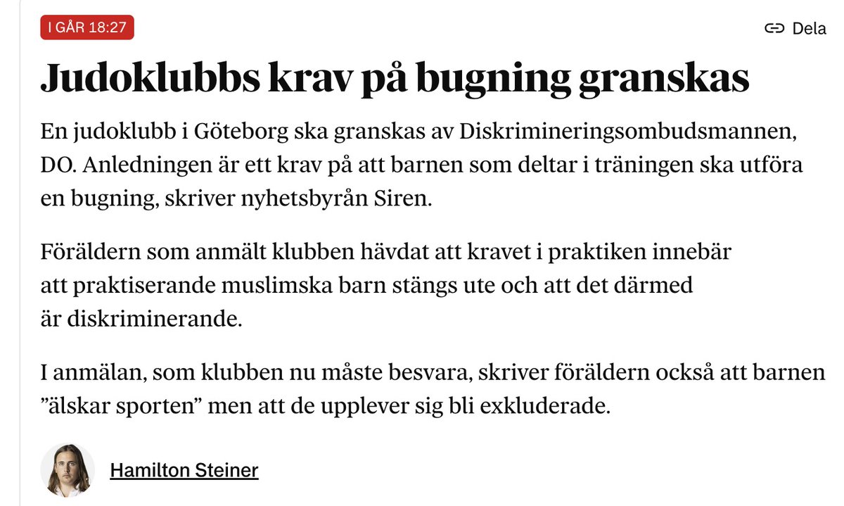 SofieLowenmark's tweet photo. DO:s hantering av sådana här ärenden riskerar enbart att skapa ovilja mot muslimer. Om vissa föräldrar förbjuder sina barn att buga för någon annan än gud är det såklart tråkigt för barnen, men givetvis inte skäl att ändra en sport vars etikett är en del av japansk kultur. https://t.co/gzYCkcCet4