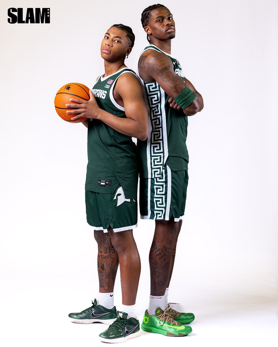 SLAMKicks's tweet image. The heat’s unmatched in East Lansing. 

Coen Carr brought the “Bamboo” KD 6 and Jeremy Fears Jr brought the Undefeated x Kobe 4 to Michigan State’s SLAMU Digital Cover.