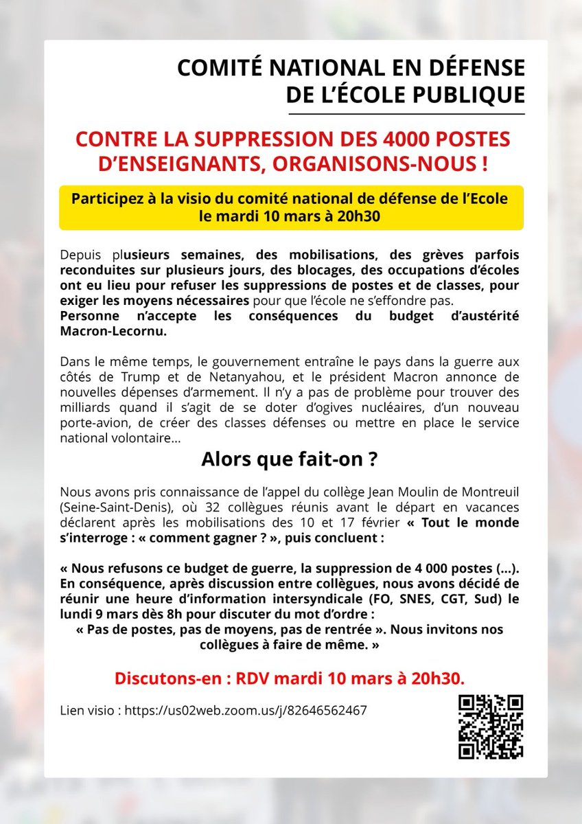 Les comités en défense de l'École publique se réunissent en visio mardi 10 mars.