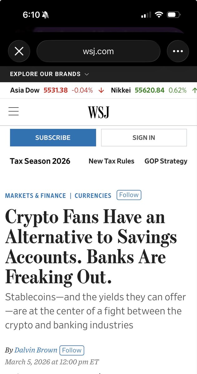 AMAZING: 

The <a href="/WSJ/">The Wall Street Journal</a> is covering  Stablecoins and the importance of yield, crypto and liberty. 

I was honored to advocate for retail and the importance of yield on Stablecoins for the underdog.