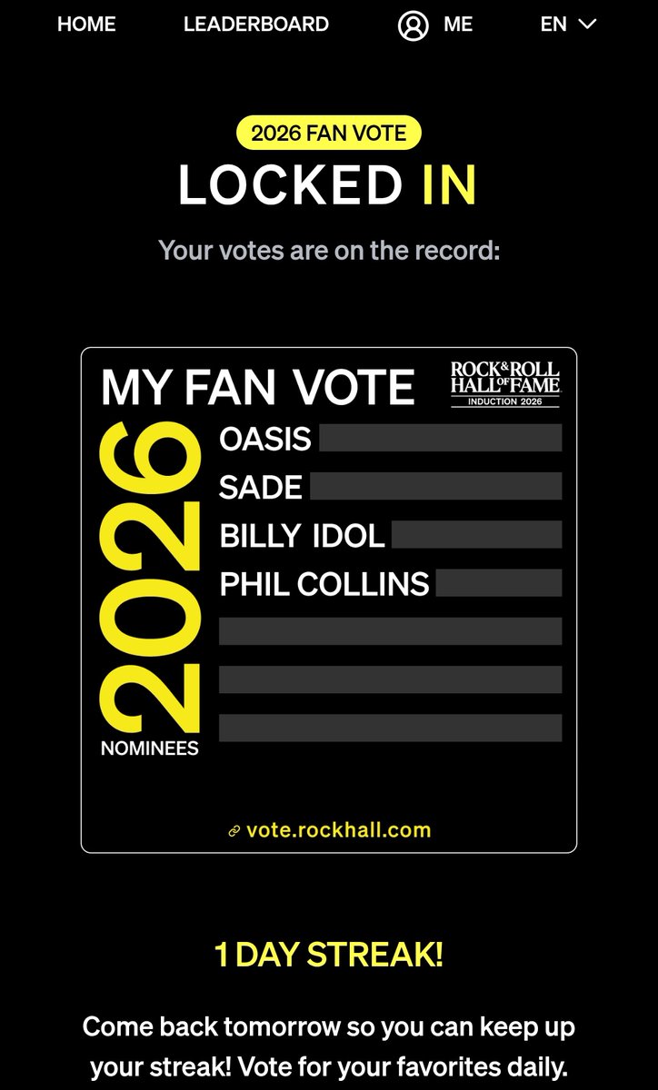 I just voted in the #RockHall2026 #RockHall #RockAndRollHallOfFame #RockAndRollHallOfFame2026 Fan Vote! vote.rockhall.com/share/nominee0… #RockHall #FanVote