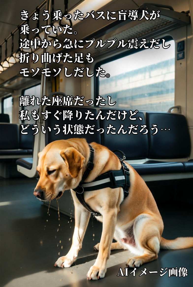 『きょう乗ったバスに盲導犬が乗っていた。途中から急にプルプル震えだし、折り曲げた足もモソモソしだした…』
Threads投稿より

オシッコを我慢してたんだと思う
通常なら出掛ける前にユーザーの指示で排泄を済ませる。この状態はよほど排泄を我慢させられてるか病気か？