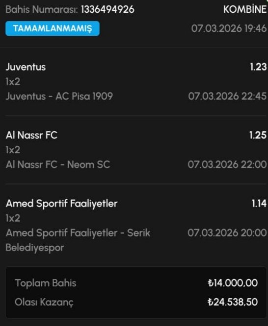 GarfieldBahisci's tweet photo. 3 maçlık kombine kuponum hazırdır.

14.000 TL'ye 24.538 TL veriyor 💪 

#Amed kazanır.
#Juventus kazanır.
#Al Nassr kazanır.

#tahmin #bahis #Garfield https://t.co/Tka3oGORnj