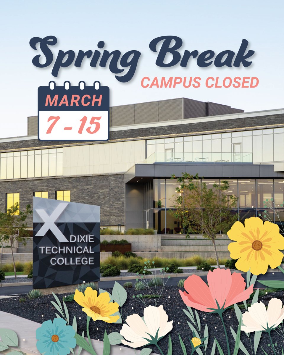You’ve been working hard, and now it’s time to hit pause. Dixie Tech is officially on Spring Break from March 7th - 15th!
Whether you’re exploring the red rocks, catching up on sleep, or heading out of town, we hope you have an amazing week off. Recharge those batteries. We can’t