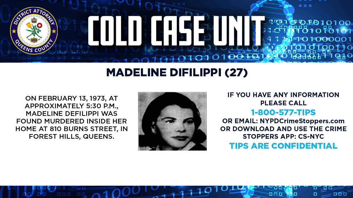 QueensDAKatz's tweet photo. If you have any information about the death of Madeline DeFilippi, who was found dead in her Burns Street home in Forest Hills 53 years ago, contact @NYPDTips via DM, or by calling 800-577-TIPS.

It is never too late for justice.

#ColdCaseUnit https://t.co/hM8xXSaiwP