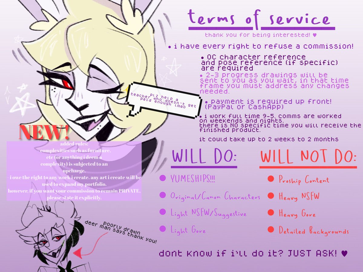 altruistor's tweet photo. finally i have an UPDATED commission sheet! ⭐️ — these are open permanently unless stated otherwise. 

i’m very open to most projects! 
please dm me (&amp; let me know below that you did 🫶🏻) if you’re interested :) 🤍✨

*please note NEW added rules on TOS* https://t.co/TTMRQrzQzC