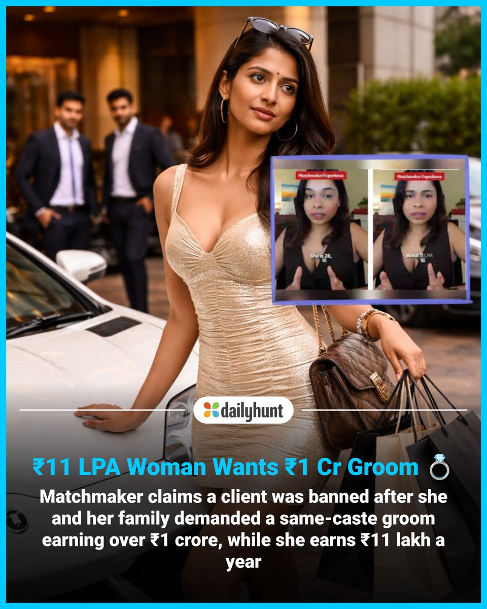 DailyhuntApp's tweet image. Matchmaker Claims Woman Earning Rs 11 Lakh Sought Groom With Rs 1 Crore Salary
📸 Credit: AI-Generated

Read more from NDTV and other top sources here: 
w.dhunt.in/13EylT?partner…

#ArrangedMarriage #ViralStory #Matchmaking #India #offbeat