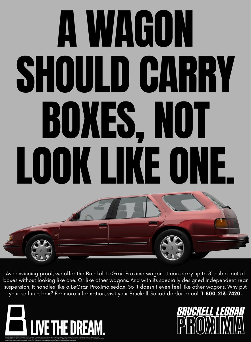 BeamNG_Posting's tweet photo. A wagon should carry boxes, not look like one- 1991 Bruckell LeGran Proxima Wagon brochure advertisement
#beamng #bruckell https://t.co/ysTjBUjZpl