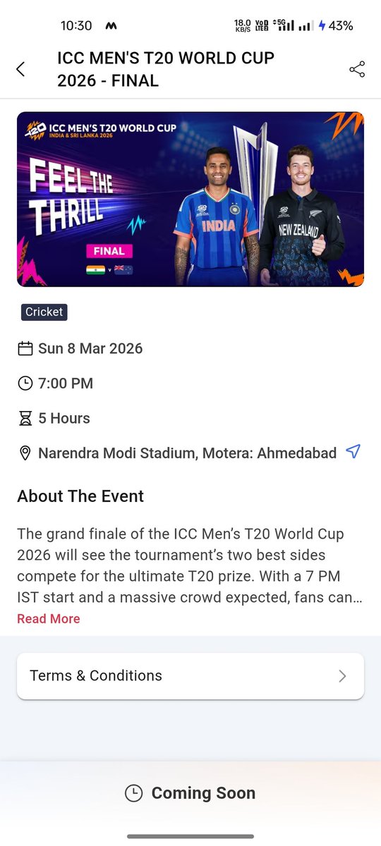 PtAshu08's tweet photo. @bookmyshow making fool of Indian cricket lovers, after 1st March it's showing coming soon for final match tickets, what scam is going on here.
Are bhai nh dene to coming soon remove krdo pagal kyo bana rhe ho.
@T20WorldCup @cricketworldcup #ICCMensT20WorldCup 
#T20WorldCup2026 https://t.co/71ca2Ttu2Z