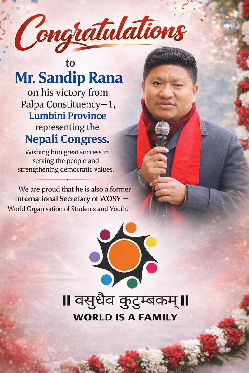 WOSYorg's tweet photo. Congratulations to Mr. Sandip Rana on his victory from Palpa Constituency-1, Lumbini Province (Nepali Congress). Proud that he is a former International Secretary of WOSY – World Organisation of Students and Youth, inspired by Vasudhaiva Kutumbakam.
@NepaliCongress @ABVPVoice https://t.co/T6qYlyICAC