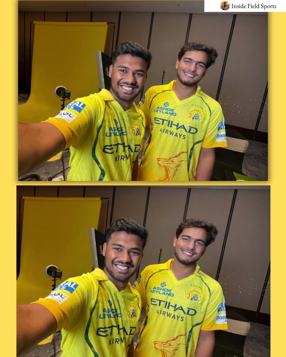 A glimpse into the future of CSK! 🦁 #Futurestars Kartik Sharma and Prashant Veer flashing big smiles in this epic selfie. The Whistle Podu spirit is strong with this next generation. Can't wait to see them shine in yellow! 🌟💛

#CSK #WhistlePodu #Yellove #InsideFieldSports