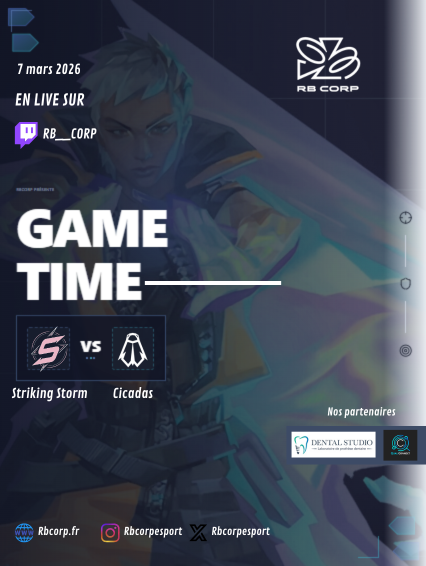 🚨ALERTE MATCH ! 🚨

⚔️<a href="/Striking_Storm/">Striking Storm</a>  vs <a href="/CicadasGaming/">CICADAS Gaming</a> 

📺Cast en direct sur notre Twitch :
twitch.tv/rb__corp

Qui prendra l'avantage ? 👀

#GAMETIME #Esport #LiveTwitch #RBCORP #VALORANT