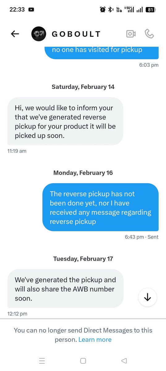 Priyatam622's tweet photo. Till now no action has been taken. 1st you @GOBOULT  ask to provide details in dm, so that no one can see that u r fraud. Then u reassure that it'll be resolved. And then u block the customer @GOBOULT. Even after lodging complaint thrice no reverse pickup is done. https://t.co/DYmZoXnqRp