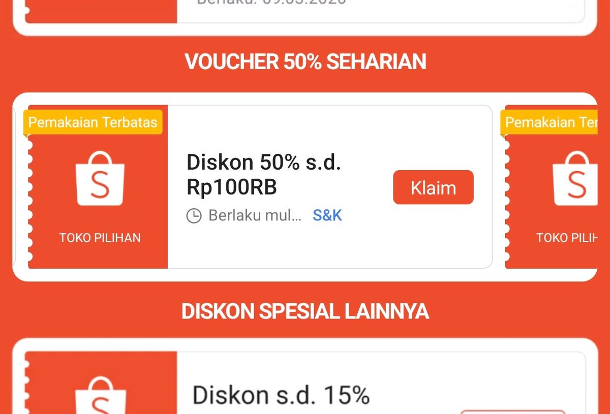 START EVENT HARI INII‼️

CLAIM SEKARANG SEMUA VOUCHERNYA 👇🏻
s.shopee.co.id/2qPed5Pv3z

jadwal👇🏻

🗓️8 Maret
✅diskon 50RB minbel 100RB
⏱️tiap jam 20:00-23:00 

🗓️9 Maret
✅diskon 33% 100rb ⏱️00&amp;20
✅diskon 99% 15rb ⏱️00:00
✅diskon 50% 100RB ⏱️tiap 10menit 00:10-00:50 
✅diskon 50%