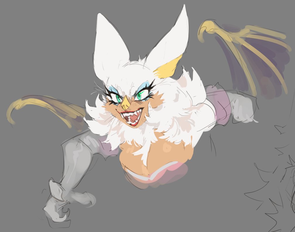 #RougeTheBat 

aaaaaaaa I'm so happy people like my rouge design ;o; I genuinely thought the semi-realistic take wouldn't get much praise. and yes she's based on honduran white bat!!
have some of her that I'd drawn before. sorry her skin tone is completely inconsistent lol