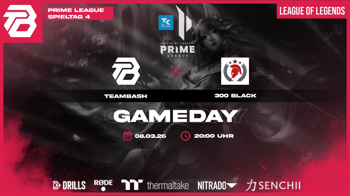 TeamBasH_Gaming's tweet photo. NEXT CHALLENGE: GAME 4! ⚔️🔥

Nach dem Sieg am letzten Spieltag wollen wir morgen direkt nachlegen! Unser LoL Main Team trifft in der @PrimeLeague auf 300 Black.

Wann? : Morgen, 08.03. | 20:00 Uhr
🆚 Gegner: 300 Black
🏆 Division 3.3

Supportet uns auf dem Weg zum nächsten Win! 🦁
🔗 https://t.co/DVm15oq2ou
