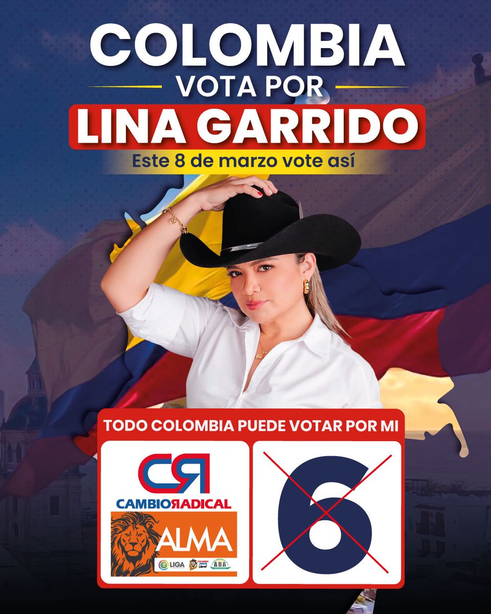 linamariagarri1's tweet photo. Los voy a defender con Alma, Vida y Sombrero. Se los #Prometo. Vota por mi al #Senado marcado una ❎ en el logo de Cambio Radical y otra ❎ en el Número 6 https://t.co/nCs3Sfs0uc