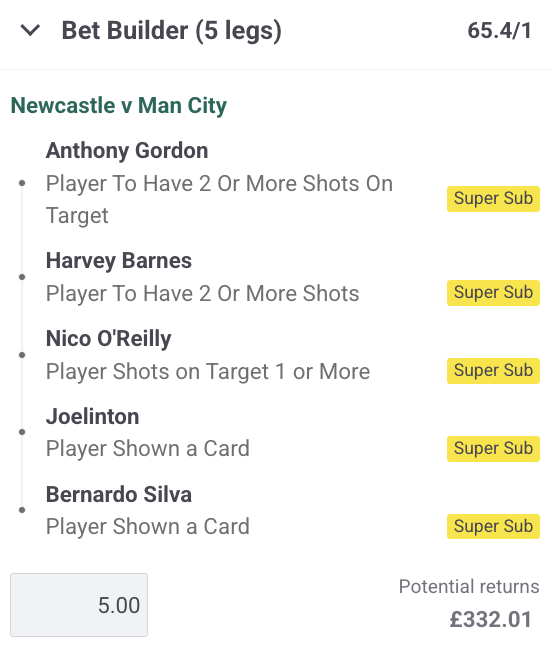FootySuperTips's tweet photo. NEWCASTLE ๐ MAN CITY Bet Builder โ๏ธ
๐ค ยฃ5 returns ยฃ332.01
We've put together a 65/1 tip for the HUGE clash in the FA CUP this evening ๐ฅ #NEWMCI
18+ #GambleAware | #BuildBetterBets https://t.co/5ykRJPTuAa