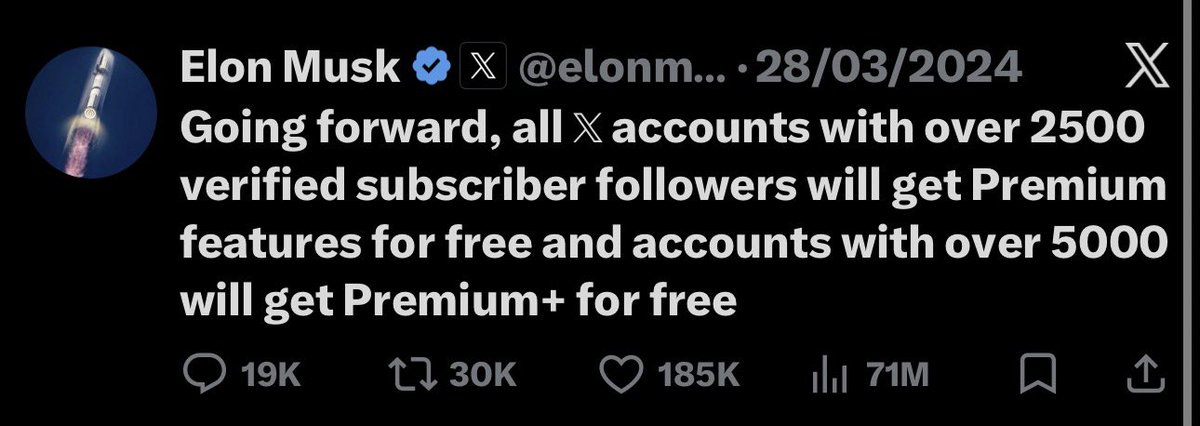 If you have 2,500 verified-subscriber followers, you get Premium for free

and at 5,000, you get Premium+ free

I did NOT know this💀