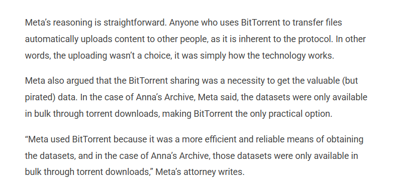 owenboswarva's tweet image. Uploading Pirated Books via BitTorrent Qualifies as Fair Use, Meta Argues torrentfreak.com/uploading-pira… (scroll down for links to docs from lawsuit in California)

Context: Anna's Archive en.wikipedia.org/wiki/Anna%27s_…

#genAI #IPlaw #fairuse #filesharing #shadowlibraries #openweb #techpolicy