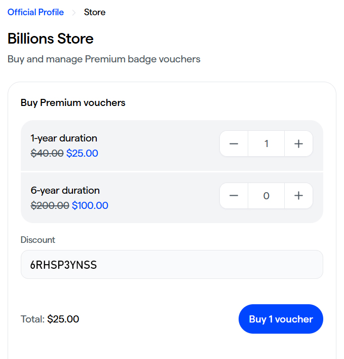 If you are planning to buy <a href="/billions_ntwk/">Billions</a> Premium vouchers to access rewards and improved earning levels. You can use below affiliate code to get a significant amount of discount👇

🔵Enter code on checkout: 6RHSP3YNSS 🔗wallet.billions.network/ref/6RHSP3YNSS 

Buying Premium voucher will grant