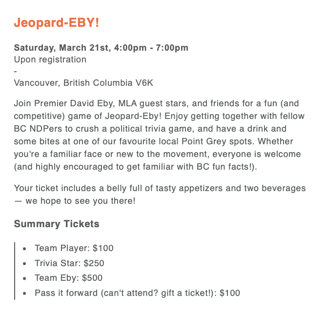 bobmackin's tweet photo. Two weeks til B.C.'s premier hosts a Jeopardy-style #cashforaccess party fundraiser. Many say B.C. is in Trouble, Eby has no Clue, can't manage a Monopoly and puts taxpayers at Risk. Too much Boggle and Balderdash under NDP, not enough doctors to perform an Operation. #bcpoli https://t.co/ZGQs8BGAGm