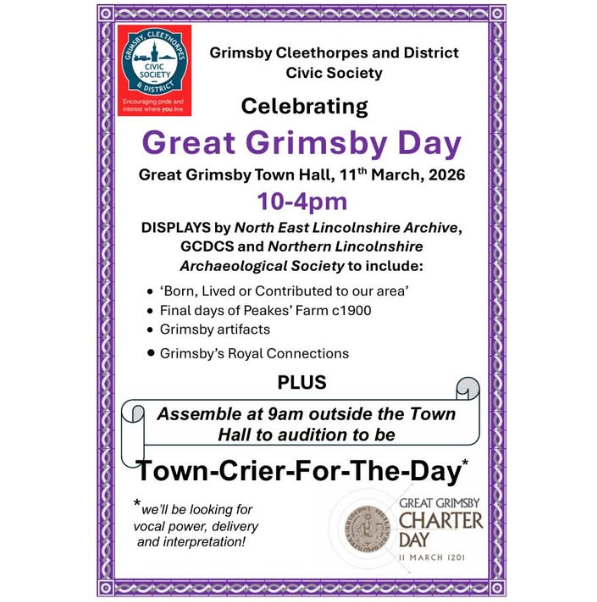 Grimsbycleeciv's tweet photo. Join us on GREAT GRIMSBY DAY - Wednesday 11 March 2026 - 10am to 4pm in the Town Hall or 9am outside the Town Hall to audition for role of Town Crier! Lots of displays in the Town Hall about Grimsby's history and people! https://t.co/5bm444blQE