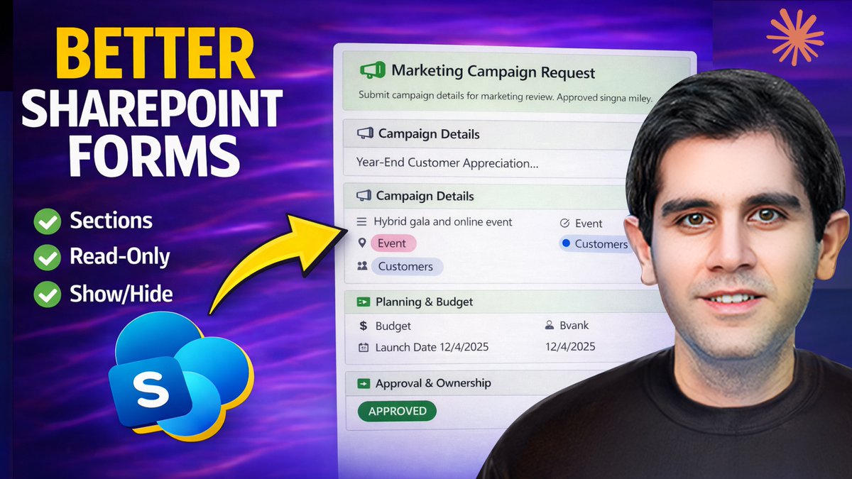 rezadorrani's tweet photo. 🚀 Make SharePoint Forms 10× Better with JSON Formatting

🎥 Watch here: https://t.co/sad1jMnA4a

✔ Organize forms into sections
✔ Show or hide fields based on conditions
✔ Configure fields to be read-only
✔ How Claude AI can assist in generating JSON

#SharePoint https://t.co/V1e6xEPJF0