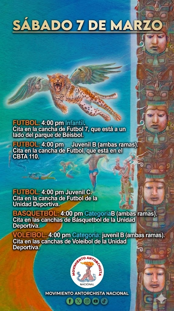 Se invita a la comunidad a asistir este sábado 7 de marzo a los encuentros deportivos organizados por el Movimiento Antorchista.
Juegos desde las 4:00 p.m. en distintas sedes de Tecomatlán.
Apoyar a nuestros jóvenes también es fortalecer el deporte del pueblo.
#AntorchaEsDeporte