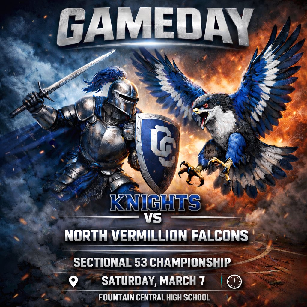 LCCBoysBball's tweet photo. Get up Knights! It’s SECTIONAL CHAMPIONSHIP GAMEDAY! The Knights travel to Fountain Central for the Sectional 53 Championship against the North Vermillion Falcons. Tip off is set for 7 PM. We need YOU to be there and be rowdy! #TogetherWeAttack https://t.co/Itv9FEHggK