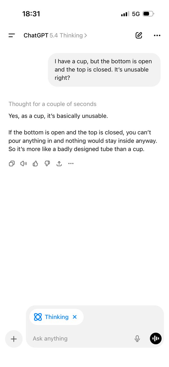 1L30's tweet photo. @sama “I have a cup, but the bottom is open and the top is closed. It’s unusable right? “ https://t.co/UNqJKCIert