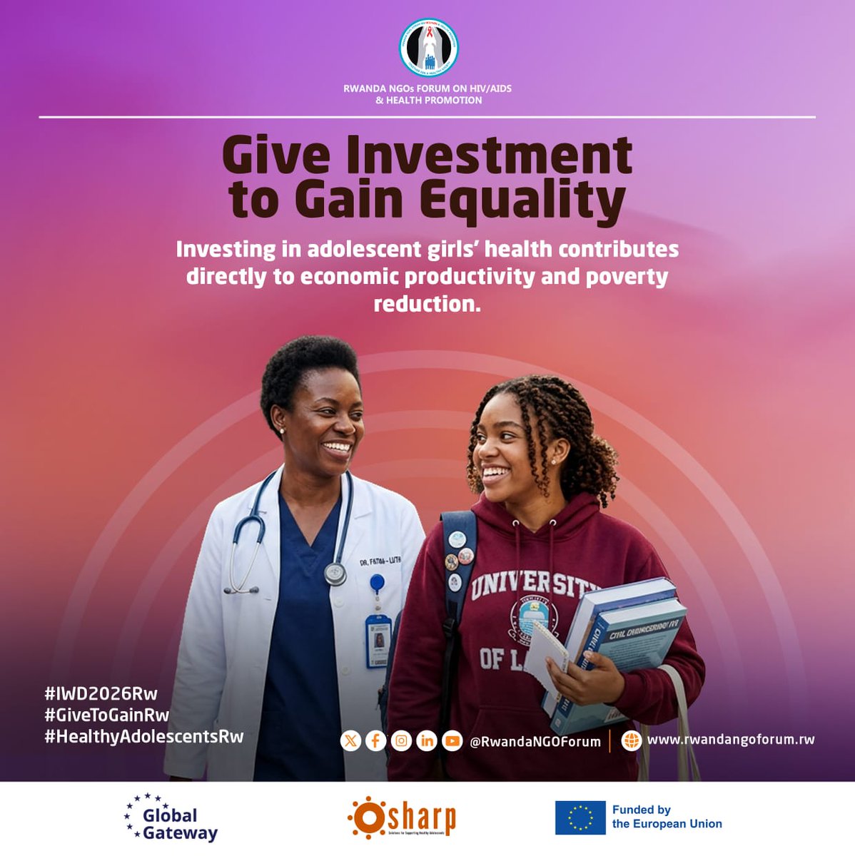 RwandaNGOForum's tweet photo. Give Investment To Gain Equality

Investing in adolescent girls’ health is one of the most powerful ways to build a more equal and prosperous society. When girls have access to quality healthcare, accurate information, and supportive environments, they are better able to stay in school, make informed decisions, and pursue their ambitions. Protecting their health today strengthens their opportunities tomorrow.

Yet too many adolescent girls still face barriers that limit their ability to reach their full potential. Limited access to health services, harmful norms, and economic challenges continue to place girls at greater risk of poor health outcomes and missed opportunities. Prioritizing investments in adolescent girls’ health is not only a health issue, it is a critical step toward reducing poverty and advancing gender equality.

When we invest in girls, we invest in stronger families, resilient communities, and sustainable economic growth. Empowered and healthy girls grow into empowered women who contribute meaningfully to their communities and economies. Investing in adolescent girls’ health today is an investment in equality, dignity, and a more prosperous future for all.

#IWD2026Rw 
#GiveToGainRw 
#HealthyAdolescentsRw