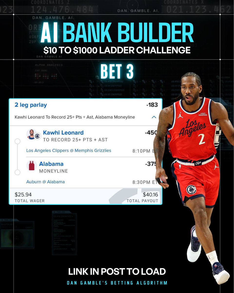 DanGambleAI's tweet photo. 🔋🏀 Bank Builder of Madness: Bet 3

Tap here to load: https://t.co/YAWipf5aRB

We had a sweat last night, let’s go sweat-free today. LFG!

21+, gamble responsibly. https://t.co/ST16hhCY93