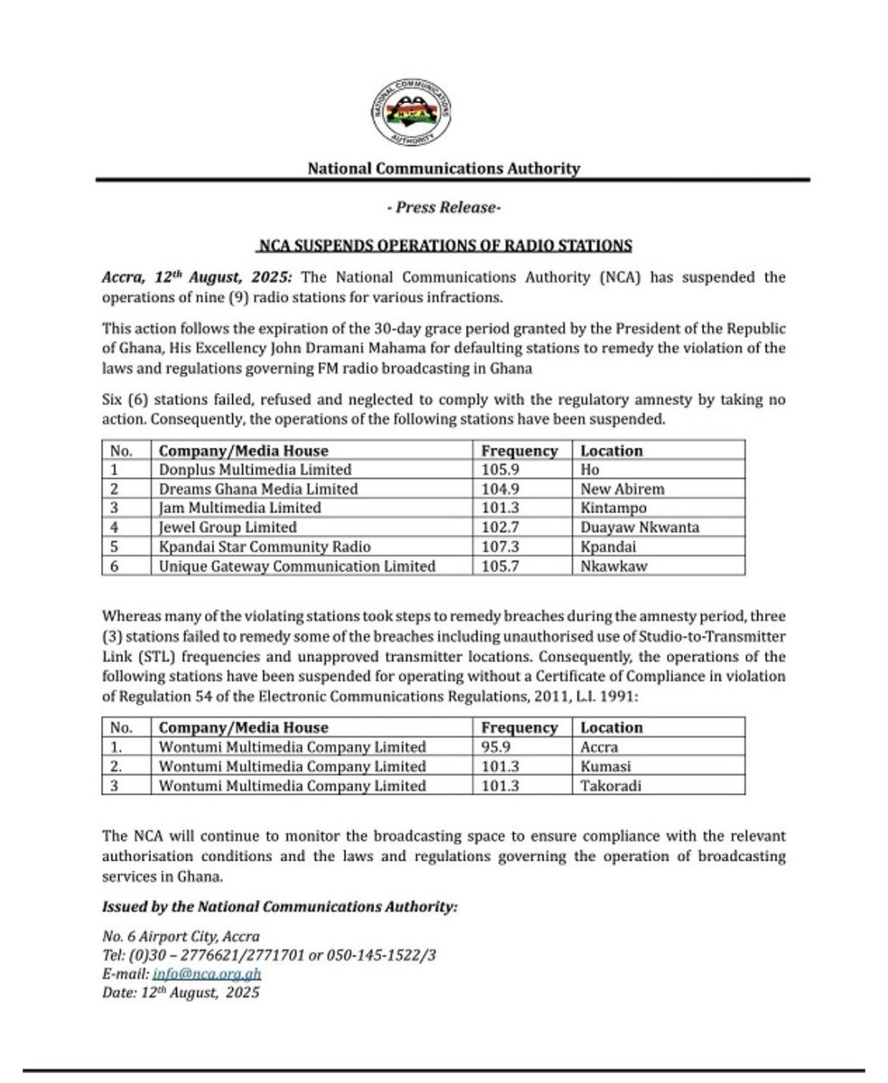 In August 2025 the NCA suspended these three radio stations of Wontumi multimedia. Till date they actually don’t know where they went wrong cos the reasons given in this letter were false. Efforts to find a common ground and get the radio back have failed,clear case of mafia but