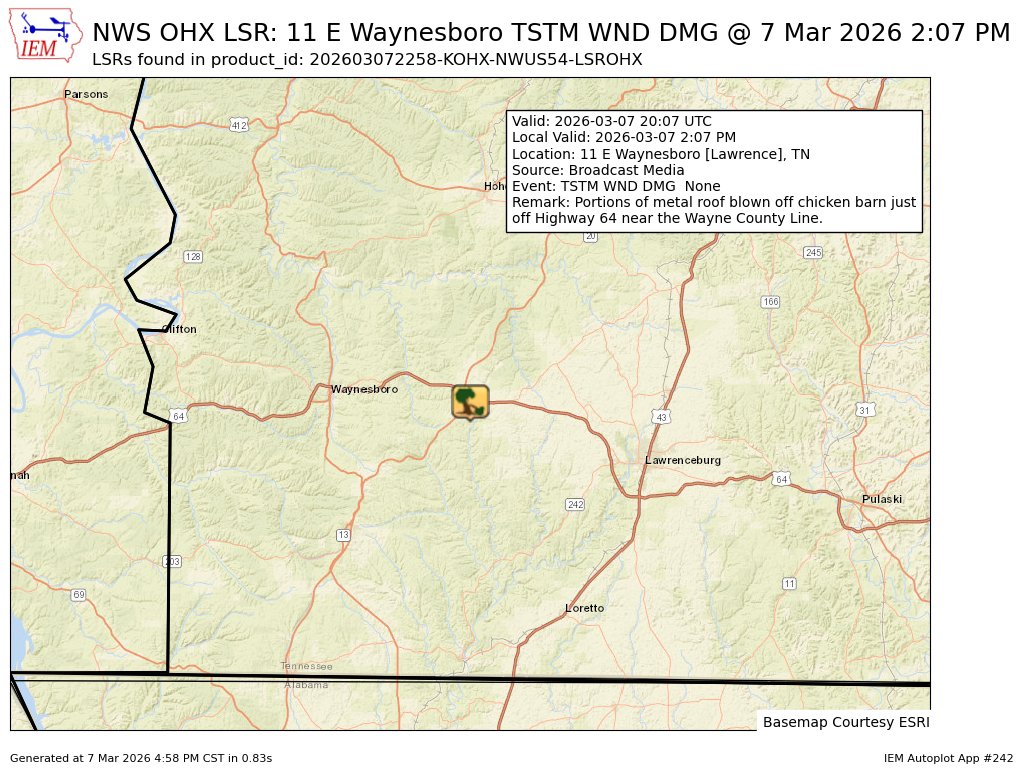 iembot_ohx's tweet image. At 2:07 PM CST, 11 E Waynesboro [Lawrence Co, TN] Broadcast Media reports Tstm Wnd Dmg. Portions of metal roof blown off chicken barn just off Highway 64 near the Wayne County Line. #tnwx mesonet.agron.iastate.edu/lsr/?by=wfo&amp;amp;wf…