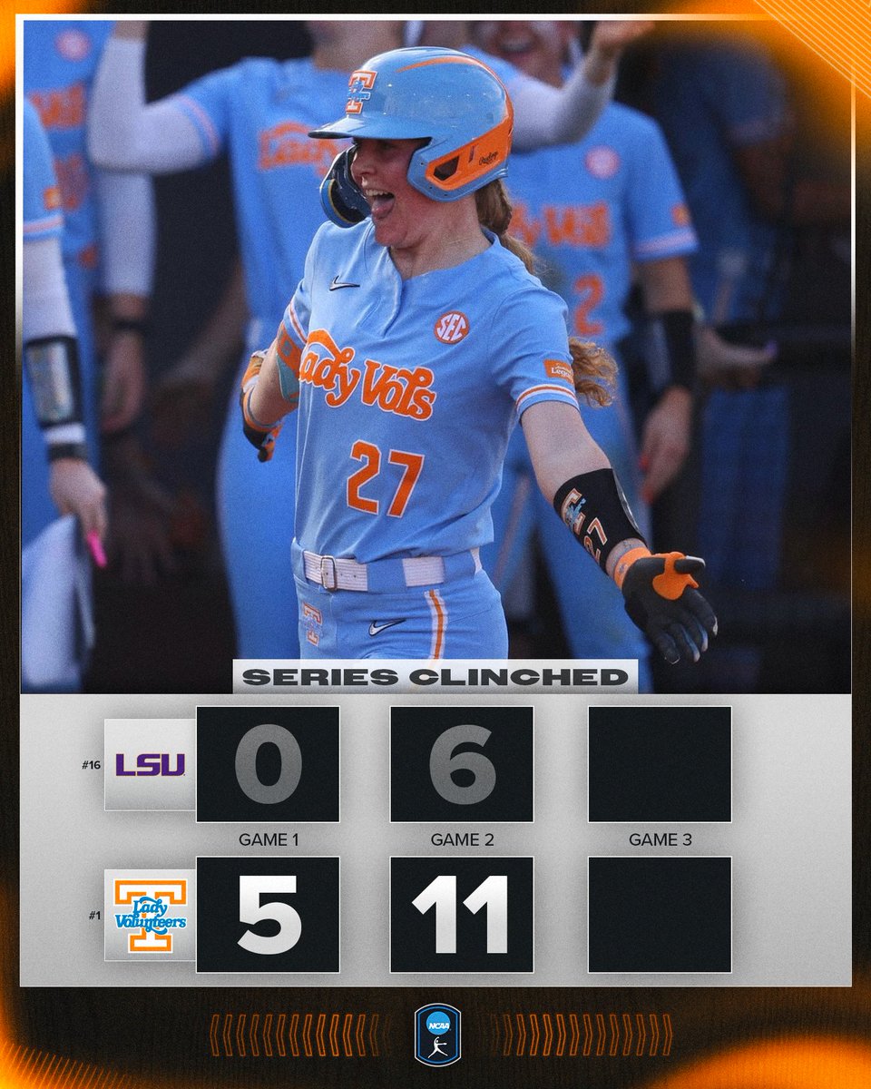 TENNESSEE TAKES THE SERIES 😤

No. 1 <a href="/Vol_Softball/">Tennessee Softball</a> clinches the series against No. 16 LSU after winning game two, 11-6!

#NCAASoftball