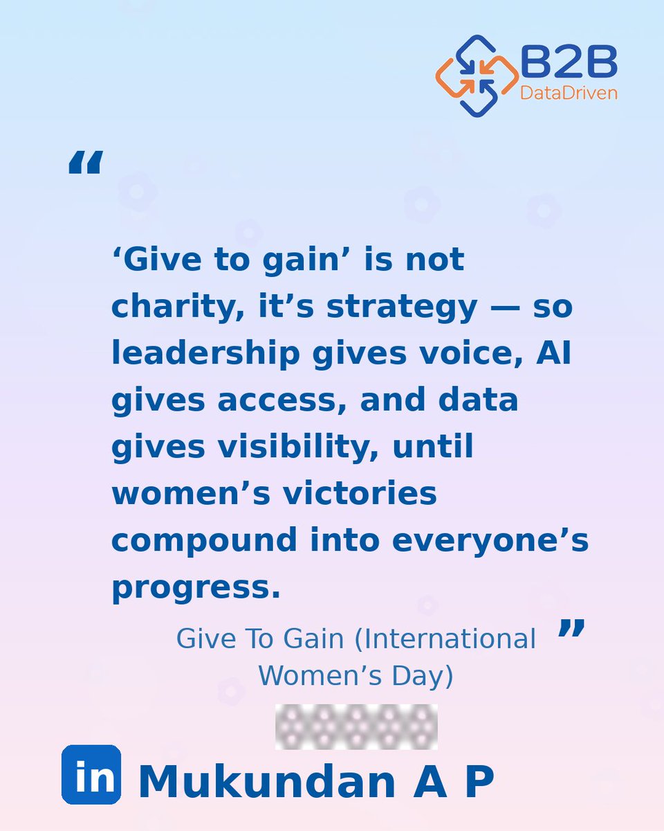 “The power of a woman is not only in what she achieves, but in what she gives.” 💜

When women give knowledge, courage, and compassion into AI, data, and leadership,
the whole system gains a stronger future.

#InternationalWomensDay #GiveToGain #WomenInAI #WomenInData #B2B3DM